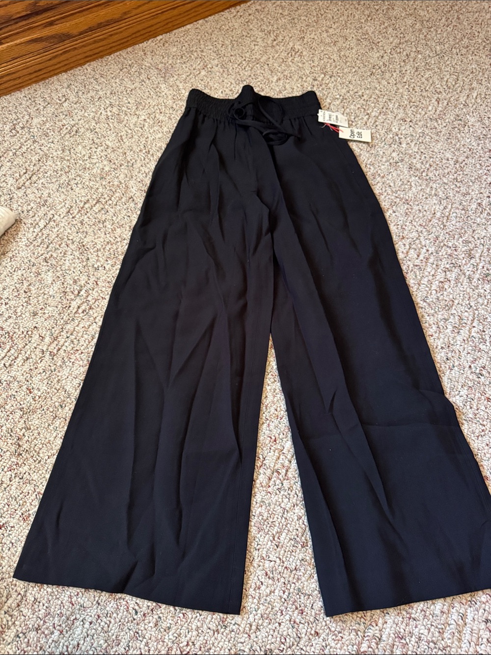 Black Wide-Leg Women's Pants with Elastic Drawstring Waist